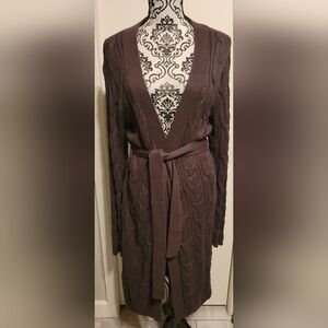 Talbots Long Line Cable Knit Sweater Belted Cardigan Sz Large Chocolate Brown